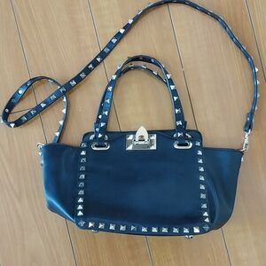 Studded Black Handbag Rockstar Purse Satchel Crossbody Tote Bag + 1 Long Strap